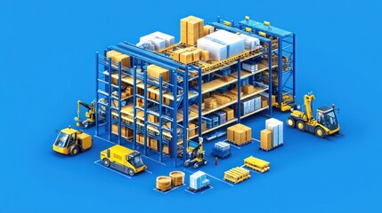 Poster - A detailed 3D illustration of a warehouse with storage racks and machinery.