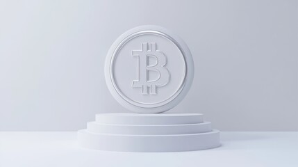 Poster - A 3D-rendered white Bitcoin coin on a pedestal, symbolizing cryptocurrency and finance.