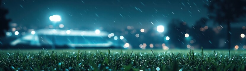 Aufkleber - A rainy night scene at a sports field with blurred lights in the background.