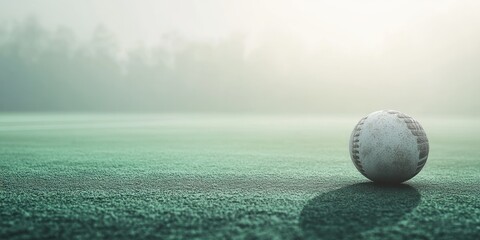 Poster - A solitary baseball rests on a misty green field, evoking a sense of calm and nostalgia.