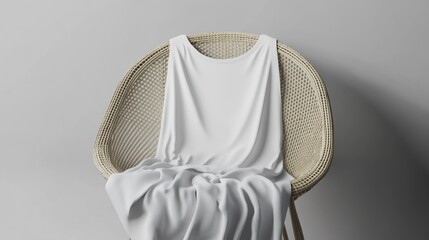 Poster - A white garment draped elegantly over a stylish wicker chair against a neutral backdrop.