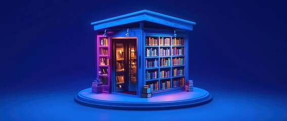 Aufkleber - A cozy bookshop with shelves filled with books, illuminated in a vibrant blue setting.