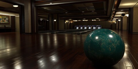 Poster - A bowling alley interior featuring a single bowling ball on polished wooden flooring.
