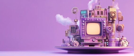 Poster - A whimsical 3D illustration of a retro computer cityscape on a pastel background.