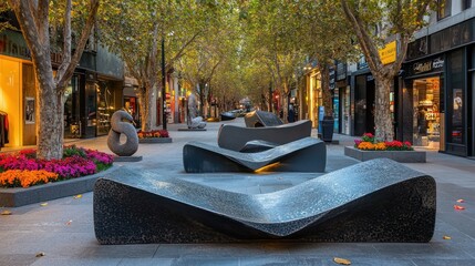 Poster - A serene urban space featuring modern sculptures and trees, inviting relaxation and leisure.