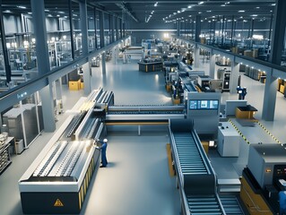 Poster - A modern industrial facility with machinery and workers engaged in production processes.