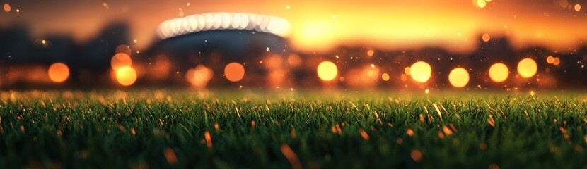 Poster - A serene view of a grassy field at sunset, with blurred lights in the background.