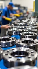 Poster - A production line featuring cylindrical metal components for industrial use.