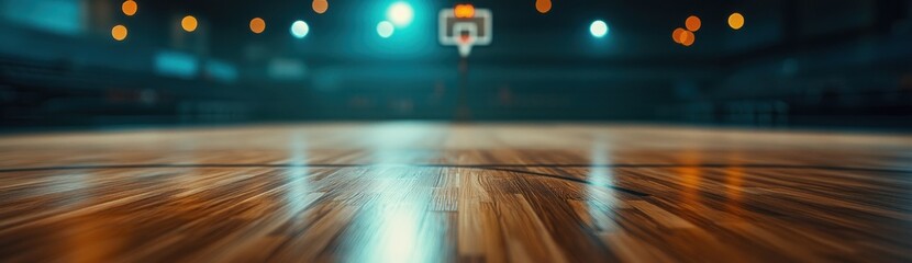 Poster - A close-up view of a polished basketball court with a hoop in the background.