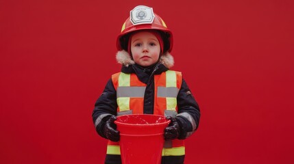 Poster - A child dressed as a firefighter holds a bucket against a bright red background.