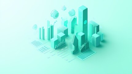 Aufkleber - Abstract cityscape illustration with buildings and data visualizations in a mint color scheme.