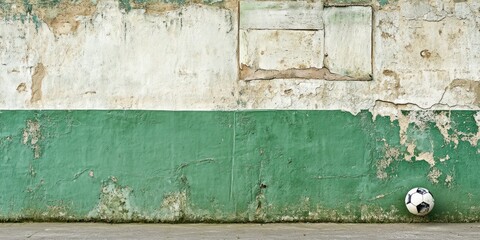 Aufkleber - A weathered wall with a green lower section and a soccer ball resting against it.