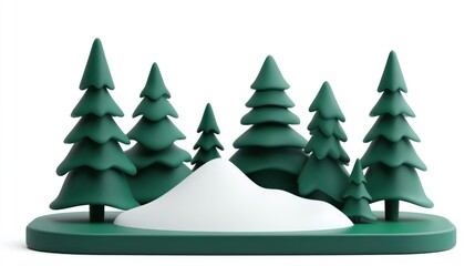 Poster - A minimalist 3D representation of evergreen trees and a snow mound on a green base.