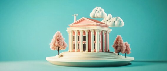 Poster - A whimsical 3D model of a neoclassical building with pink accents and decorative clouds.