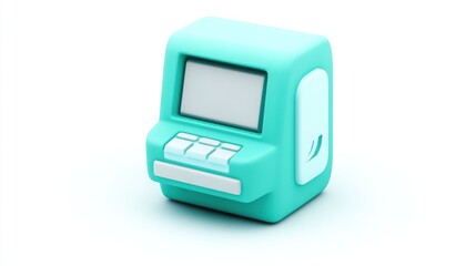 Poster - A small, teal-colored digital device resembling a retro computer or kiosk.