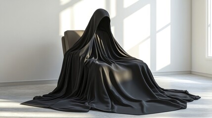 Aufkleber - A mysterious figure draped in black fabric sits in a sunlit, minimalist room.