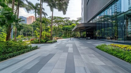 Poster - Modern pathway leading to a sleek building surrounded by lush greenery.