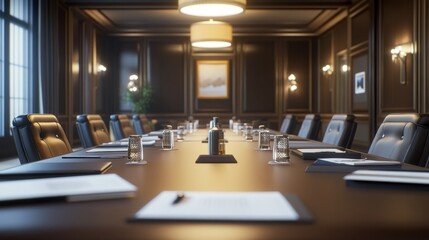 Poster - A formal conference room set up for a meeting with a long table and chairs.