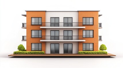 Aufkleber - Modern three-story apartment building with balconies and greenery.