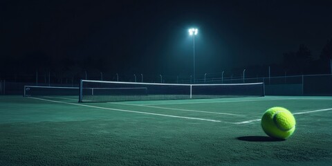 Poster - A tennis court at night with a bright light illuminating a ball on the ground.
