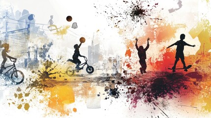 Aufkleber - A vibrant illustration showcasing children engaging in various sports and activities.
