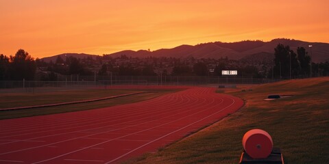 Aufkleber - A serene sunset view over a running track with distant hills and a peaceful atmosphere.