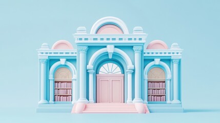 Leinwandbilder - A whimsical library building in pastel colors with arches and bookshelves.