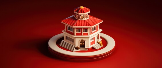 Leinwandbilder - A stylized model of a building with a red roof and white walls on a circular base.