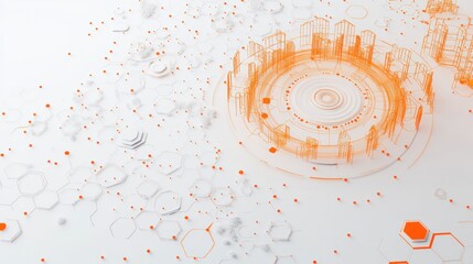 Poster - Abstract graphic featuring interconnected shapes and patterns in orange and white.