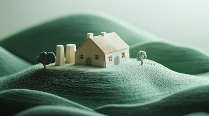 Poster - A miniature house on textured green hills, evoking tranquility and simplicity.
