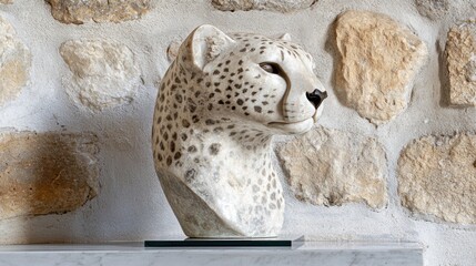 Aufkleber - A sculpted leopard head displayed on a stone wall.