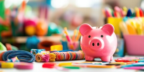 Aufkleber - A colorful assortment of craft supplies with a pink piggy bank in the foreground.