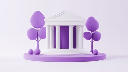 Leinwandbilder - A minimalist 3D representation of a classical building with stylized trees and a circular base.
