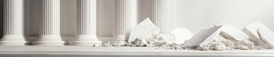 Poster - A scene featuring broken classical columns and architectural fragments on a white surface.