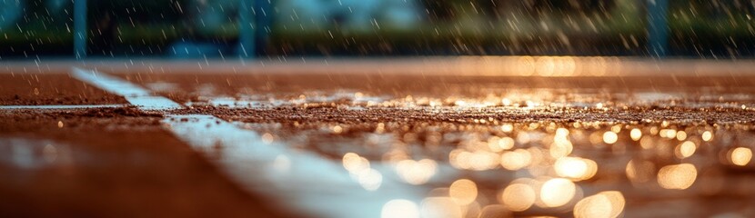 Poster - Rain falling on a tennis court, creating reflections and a serene atmosphere.