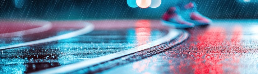 Poster - A rainy track scene with shoes reflecting vibrant colors on wet pavement.