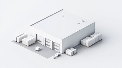 Poster - A minimalist warehouse structure with loading docks and delivery trucks.