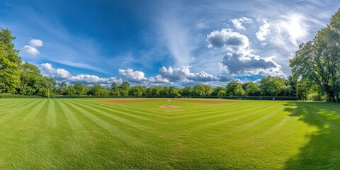 Poster - A panoramic view of a baseball field under a bright sky with lush green grass.