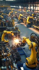 Poster - A high-tech industrial facility with robotic arms performing automated assembly tasks.