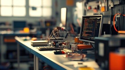 Fototapete - A cluttered workspace with a computer, tools, and electronic components for tech projects.