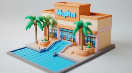 Poster - A colorful model of a modern building with palm trees and a water feature.