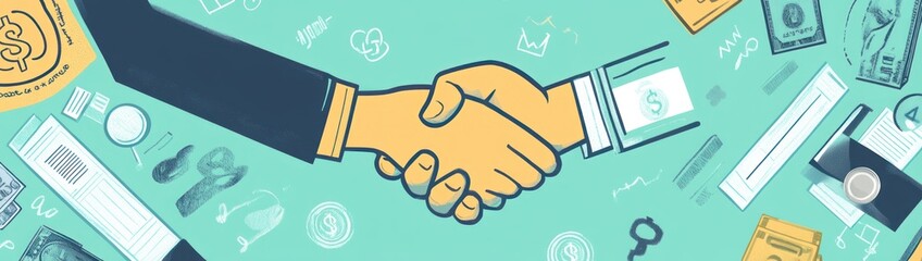 Poster - Illustration of a handshake surrounded by symbols of finance and business.