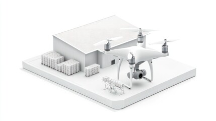 Poster - A drone next to a warehouse with stacked pallets, illustrating logistics and delivery.