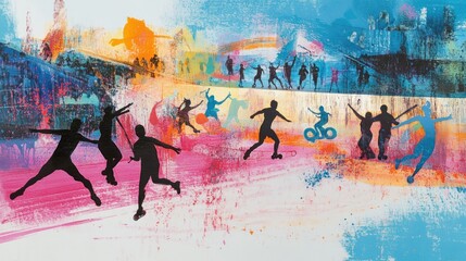 Aufkleber - A vibrant artwork depicting dynamic silhouettes engaged in various sports and activities.