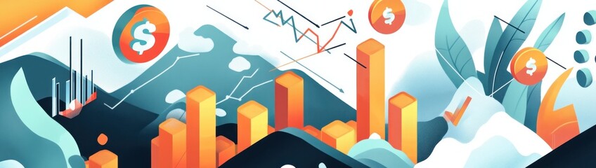 Poster - A vibrant graphic illustrating financial data and trends with charts and currency symbols.