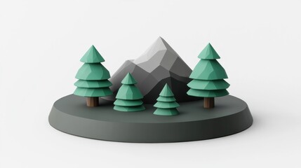 Poster - A stylized 3D scene featuring trees and mountains on a circular base.