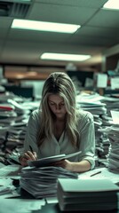 Aufkleber - A woman working diligently among a mountain of paperwork in an office setting.