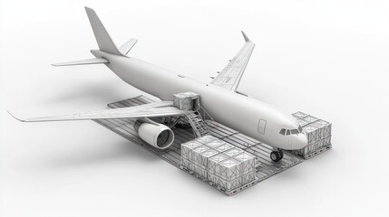 Poster - A cargo airplane on a loading platform with stacked containers.