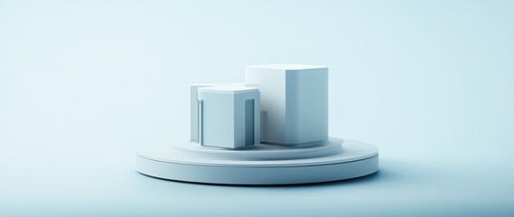 Poster - A minimalistic 3D representation of geometric shapes on a circular base.