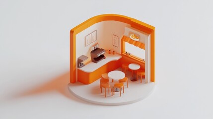 Leinwandbilder - A miniature caf? interior with seating and a coffee station in warm orange tones.
